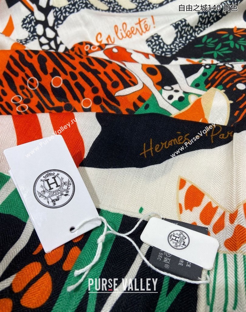 Hermes Liberty City Cashmere Silk Shawl Scarf 140cm White 2023 H243911S (A-231221031)