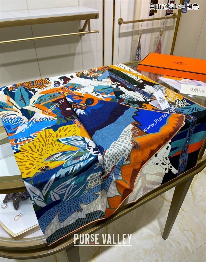 Hermes Liberty City Cashmere Silk Shawl Scarf 140cm Orange 2023 H243911S (A-231221032)