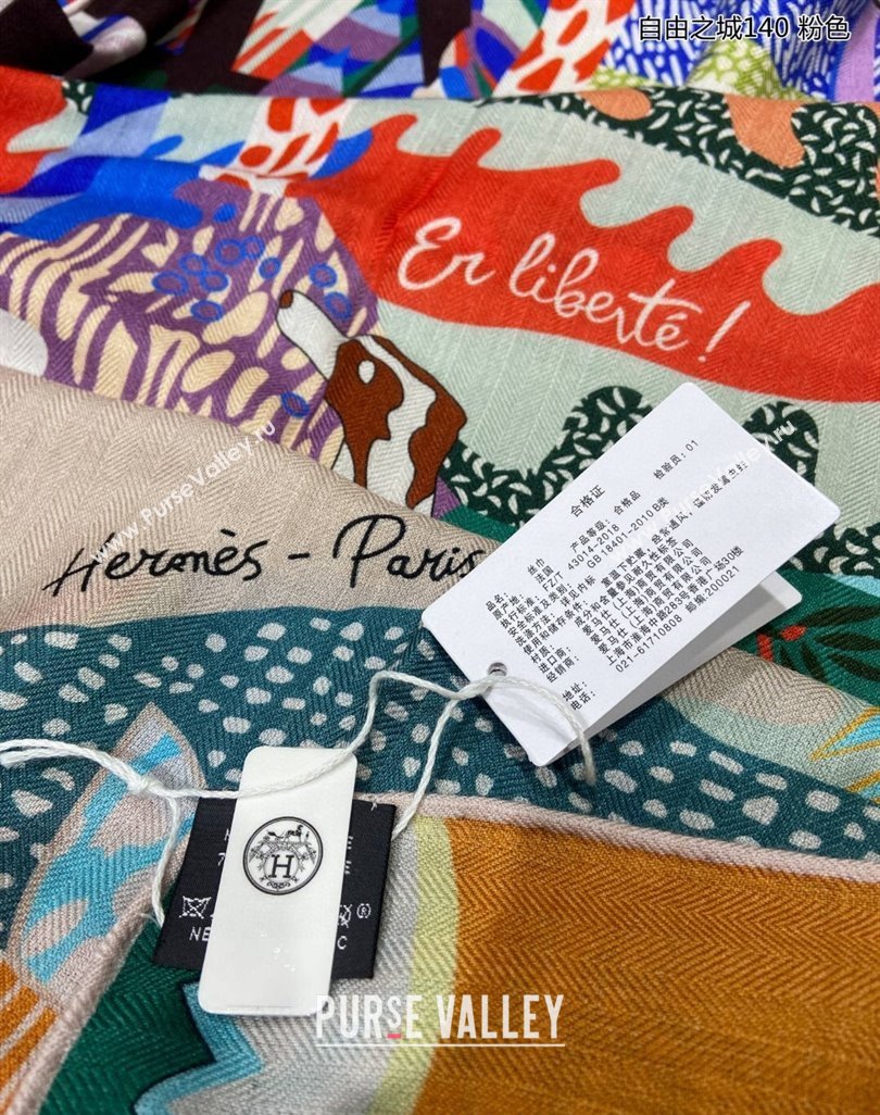 Hermes Liberty City Cashmere Silk Shawl Scarf 140cm Pink 2023 H243911S (A-231221033)