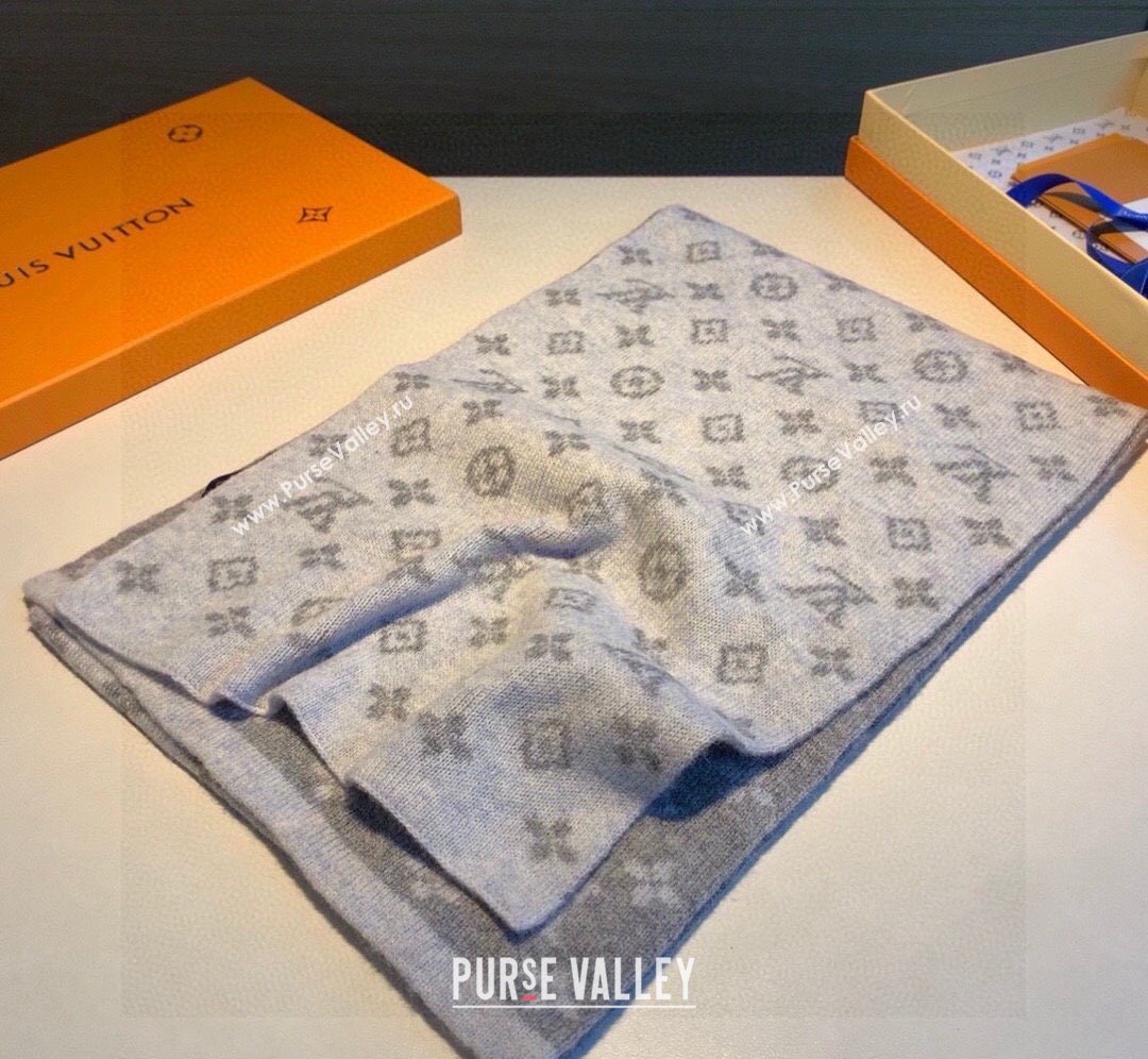 Louis Vuitton Monogram Denim Cashmere Shawl Scarf 30x180cm Grey 2023 LV122102 (XMN-231221013)