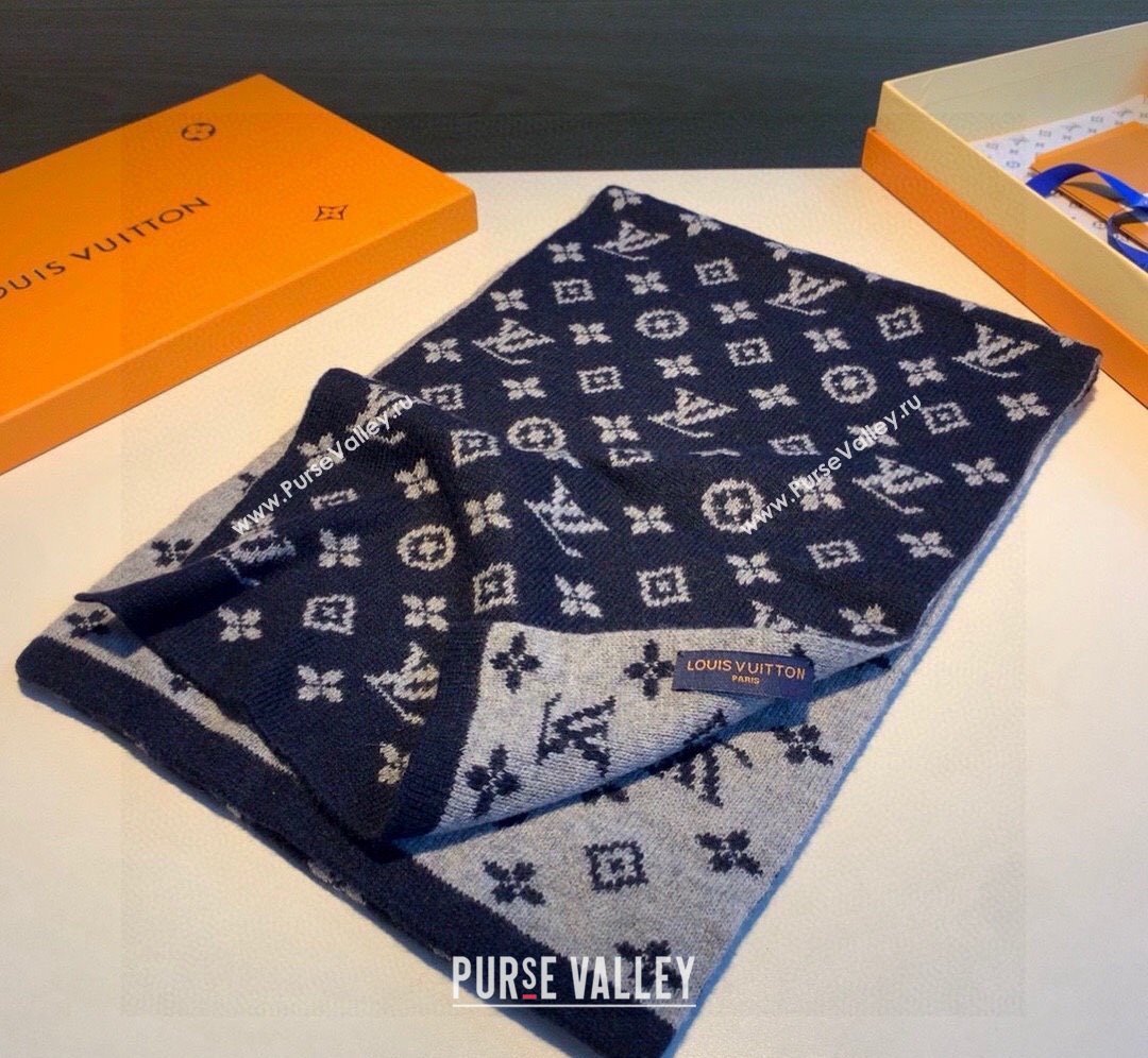 Louis Vuitton Monogram Denim Cashmere Shawl Scarf 30x180cm Dark Blue 2023 LV122102 (XMN-231221014)