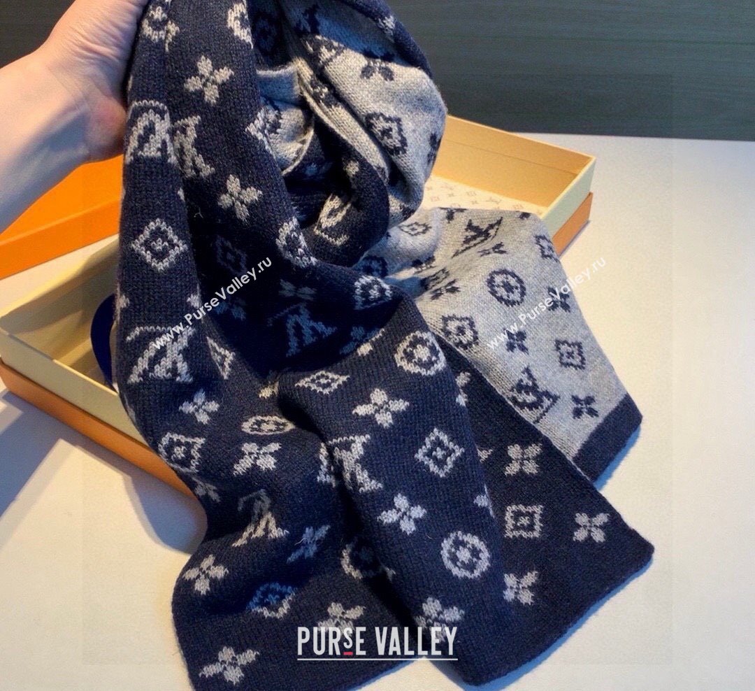 Louis Vuitton Monogram Denim Cashmere Shawl Scarf 30x180cm Dark Blue 2023 LV122102 (XMN-231221014)