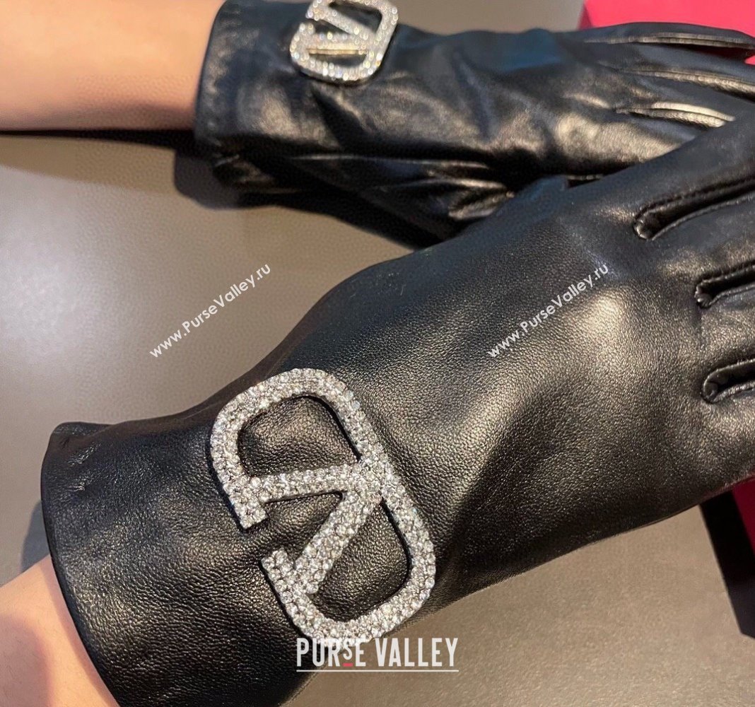 Valentino Lambskin and Cashmere Gloves with Crystals Black 2023 1221 (XMN-231221060)