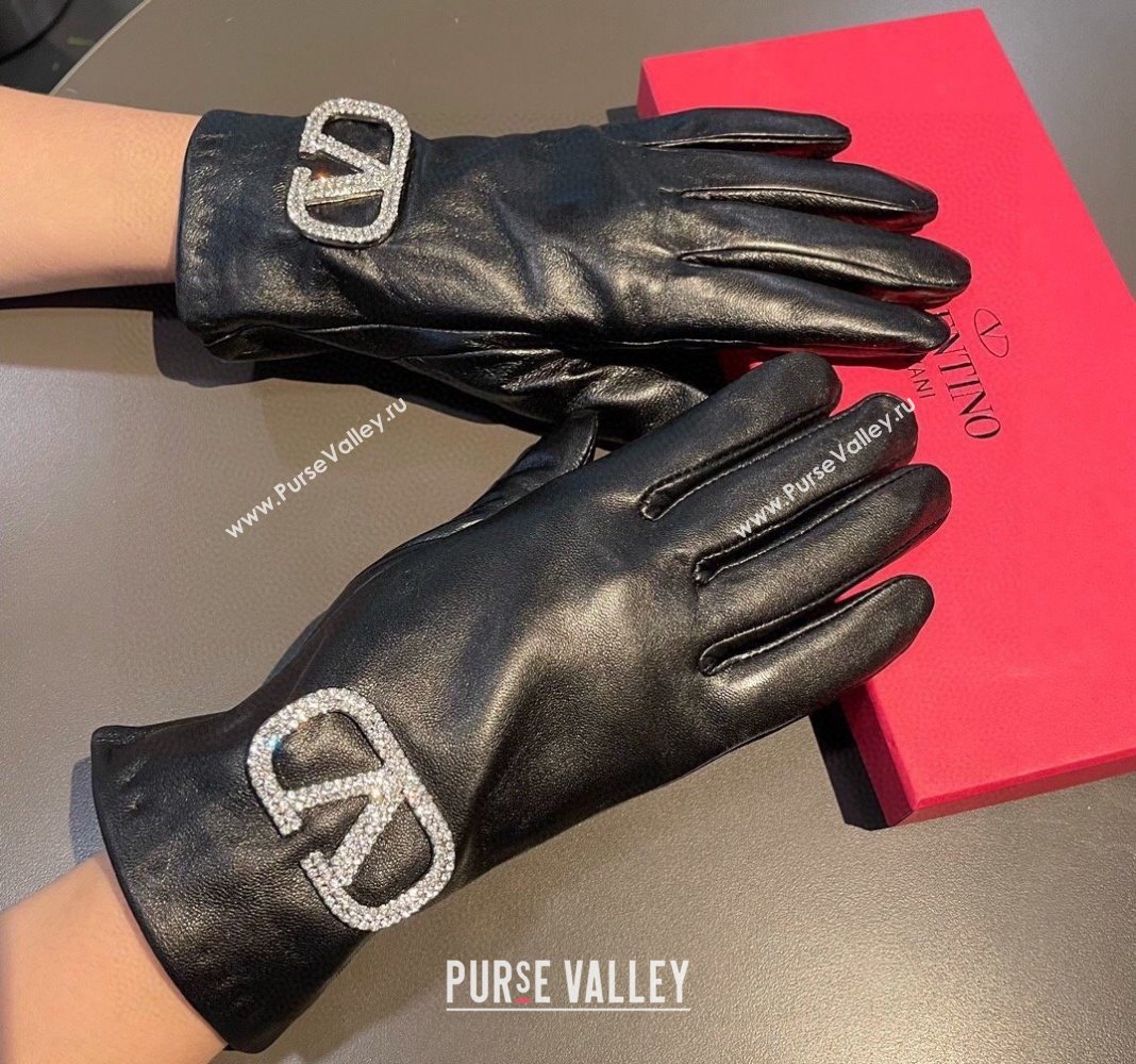 Valentino Lambskin and Cashmere Gloves with Crystals Black 2023 1221 (XMN-231221060)