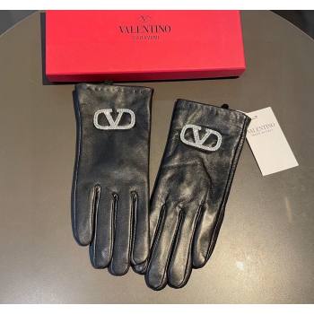 Valentino Lambskin and Cashmere Gloves with Crystals Black 2023 1221 (XMN-231221060)