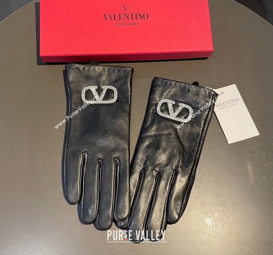 Valentino Lambskin and Cashmere Gloves with Crystals Black 2023 1221 (XMN-231221060)