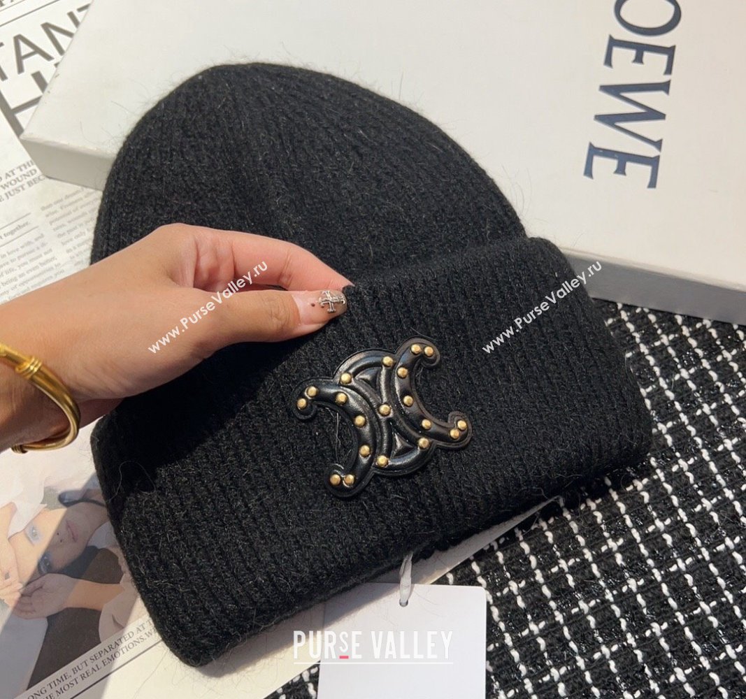 Celine Triomphe Knit Hat with Studs Black 2023 CE122203 (MAO-231222029)