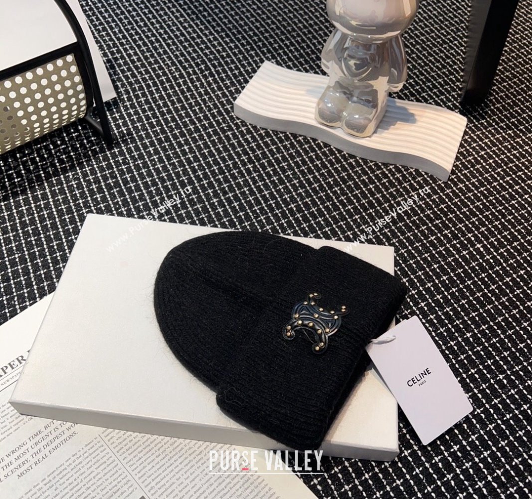 Celine Triomphe Knit Hat with Studs Black 2023 CE122203 (MAO-231222029)