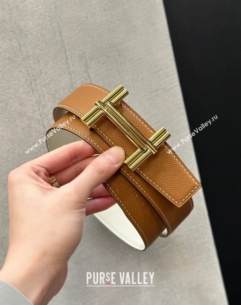 Hermes Traverse Belt Buckle Reversible Epsom Leather Strap 3.8cm Brown/White/Gold 2023 H122007 (99-231220049)