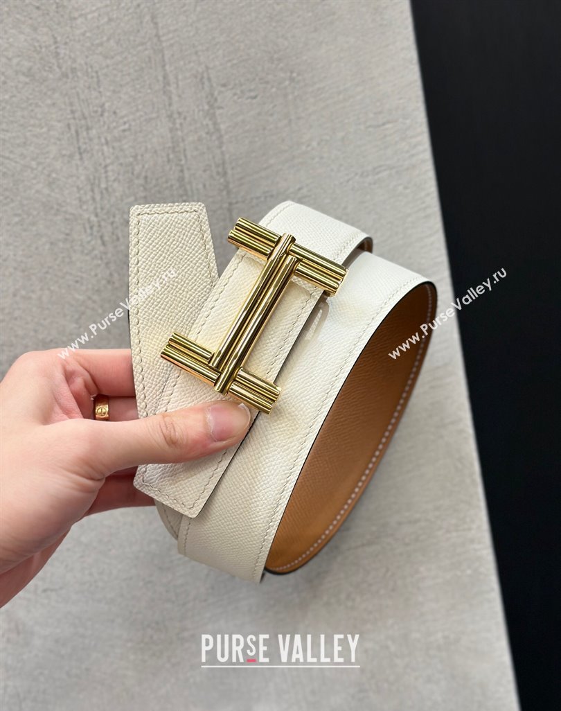 Hermes Traverse Belt Buckle Reversible Epsom Leather Strap 3.8cm Brown/White/Gold 2023 H122007 (99-231220049)