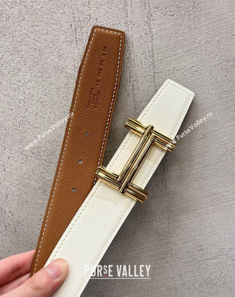 Hermes Traverse Belt Buckle Reversible Epsom Leather Strap 3.8cm Brown/White/Gold 2023 H122007 (99-231220049)