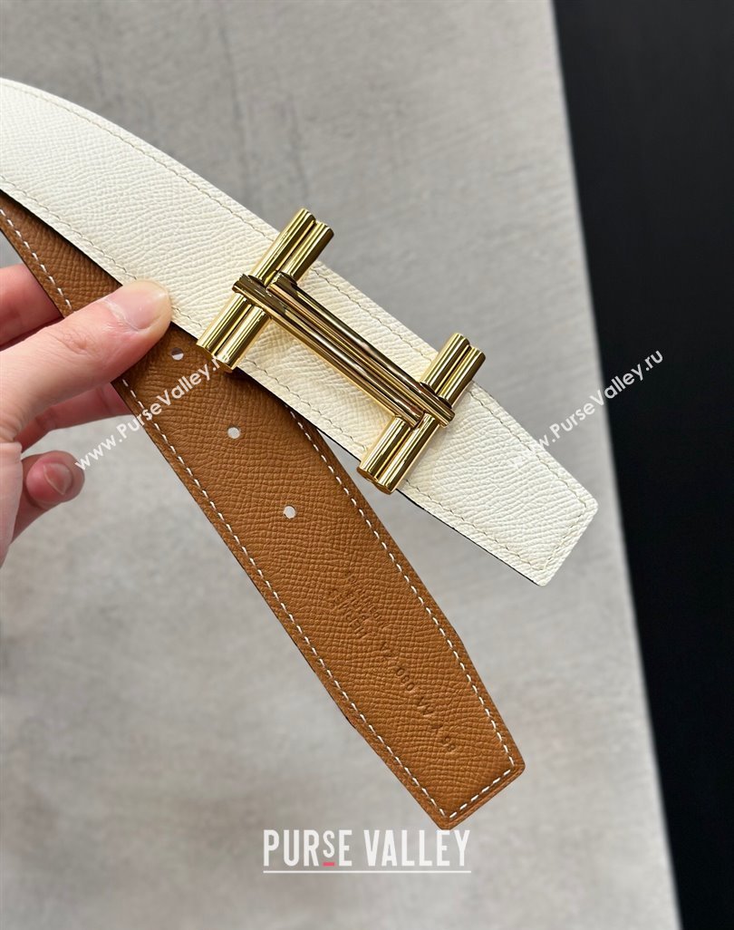 Hermes Traverse Belt Buckle Reversible Epsom Leather Strap 3.8cm Brown/White/Gold 2023 H122007 (99-231220049)