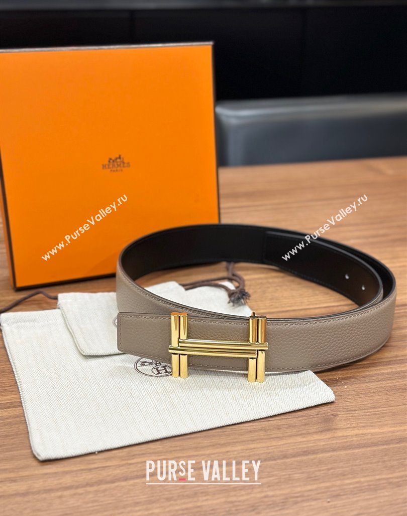 Hermes Traverse Belt Buckle Reversible Leather Strap 3.8cm Grey/Black/Gold 2023 H122007 (99-231220053)