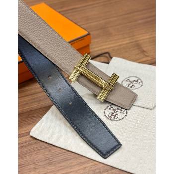 Hermes Traverse Belt Buckle Reversible Leather Strap 3.8cm Grey/Black/Gold 2023 H122007 (99-231220053)