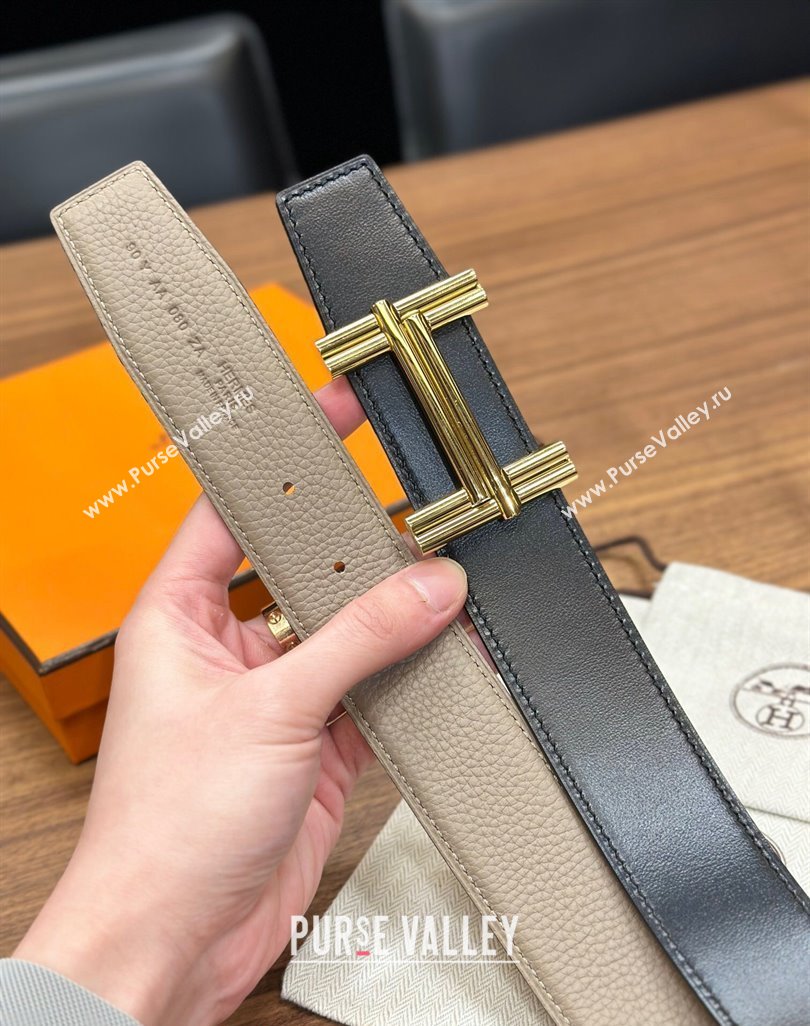 Hermes Traverse Belt Buckle Reversible Leather Strap 3.8cm Grey/Black/Gold 2023 H122007 (99-231220053)