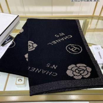 Chanel Cashmere and Gold-Tone Camellia Bloom Long Scarf 62x195cm Black 2023 CH122102 (A-231221054)
