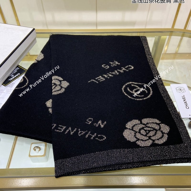 Chanel Cashmere and Gold-Tone Camellia Bloom Long Scarf 62x195cm Black 2023 CH122102 (A-231221054)