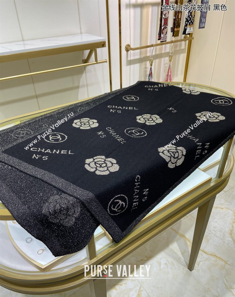 Chanel Cashmere and Gold-Tone Camellia Bloom Long Scarf 62x195cm Black 2023 CH122102 (A-231221054)