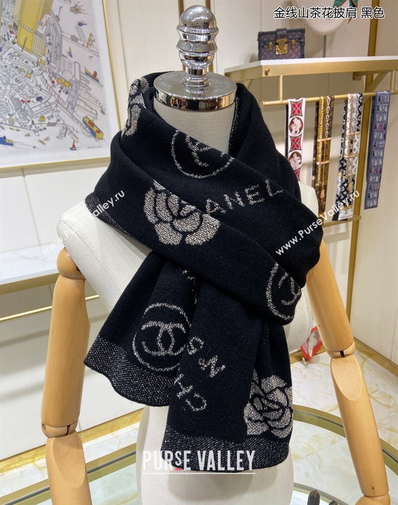 Chanel Cashmere and Gold-Tone Camellia Bloom Long Scarf 62x195cm Black 2023 CH122102 (A-231221054)