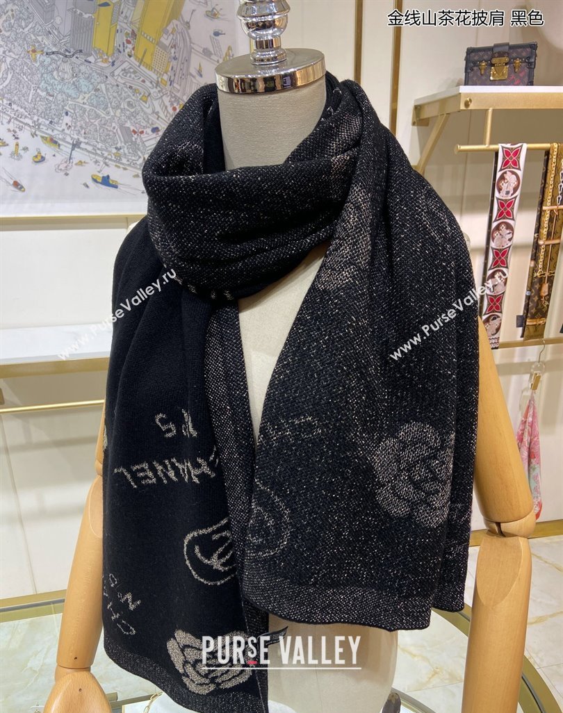 Chanel Cashmere and Gold-Tone Camellia Bloom Long Scarf 62x195cm Black 2023 CH122102 (A-231221054)