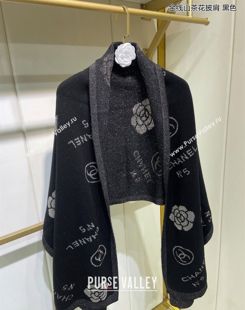 Chanel Cashmere and Gold-Tone Camellia Bloom Long Scarf 62x195cm Black 2023 CH122102 (A-231221054)