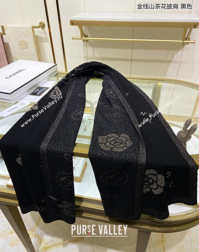 Chanel Cashmere and Gold-Tone Camellia Bloom Long Scarf 62x195cm Black 2023 CH122102 (A-231221054)