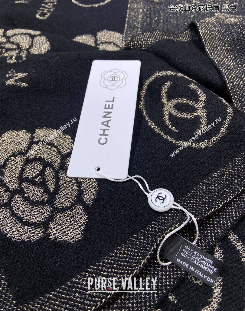 Chanel Cashmere and Gold-Tone Camellia Bloom Long Scarf 62x195cm Black 2023 CH122102 (A-231221054)