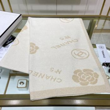 Chanel Cashmere and Gold-Tone Camellia Bloom Long Scarf 62x195cm White 2023 CH122102 (A-231221055)