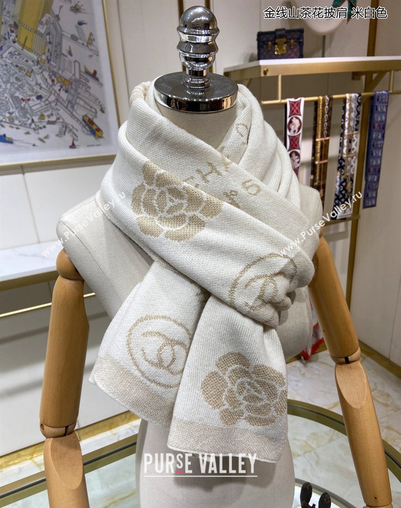 Chanel Cashmere and Gold-Tone Camellia Bloom Long Scarf 62x195cm White 2023 CH122102 (A-231221055)