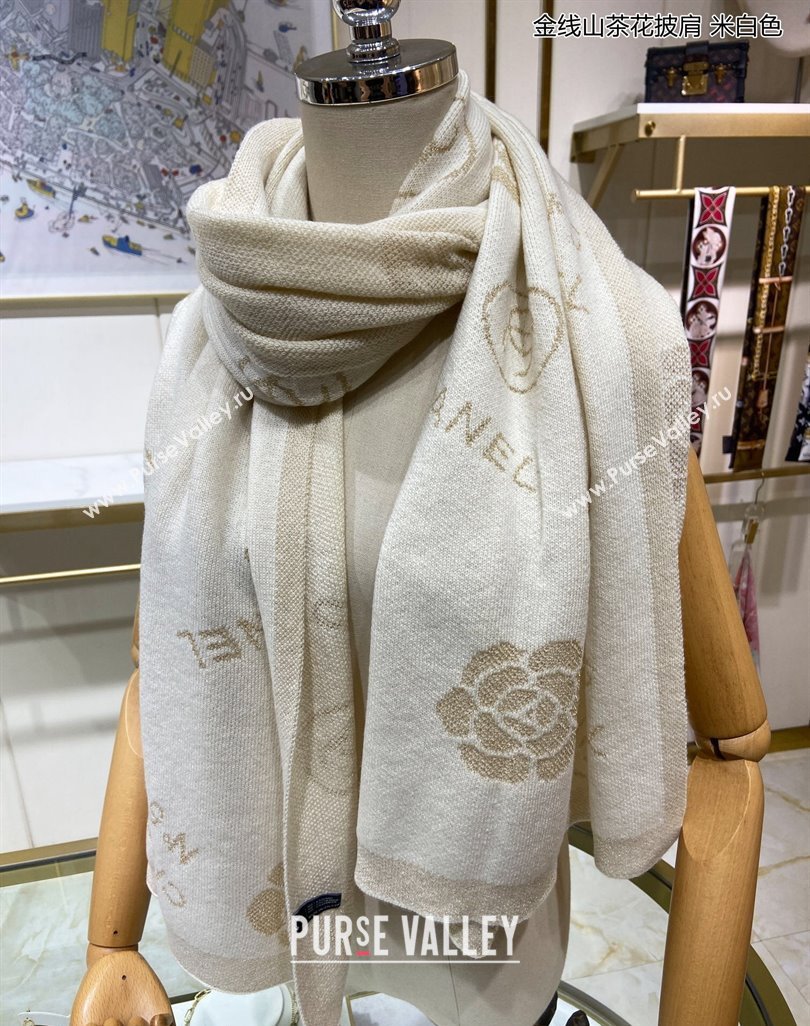 Chanel Cashmere and Gold-Tone Camellia Bloom Long Scarf 62x195cm White 2023 CH122102 (A-231221055)