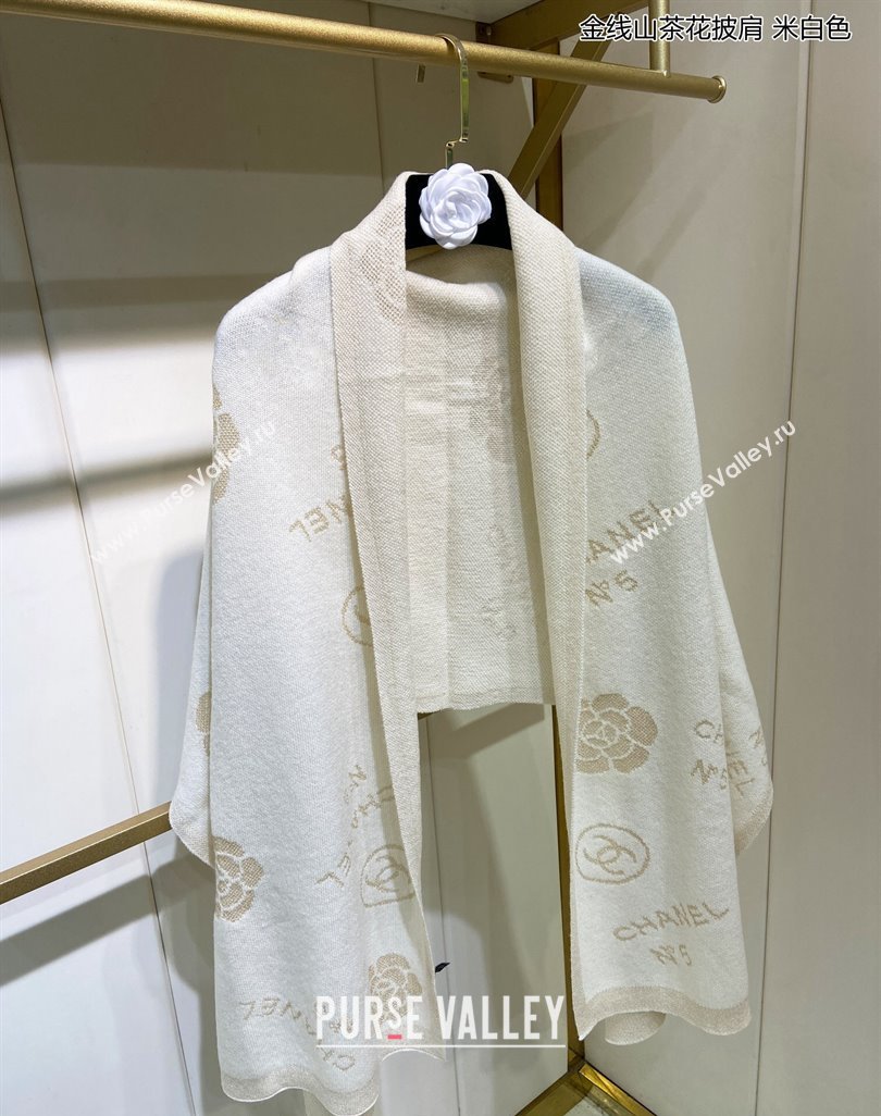 Chanel Cashmere and Gold-Tone Camellia Bloom Long Scarf 62x195cm White 2023 CH122102 (A-231221055)
