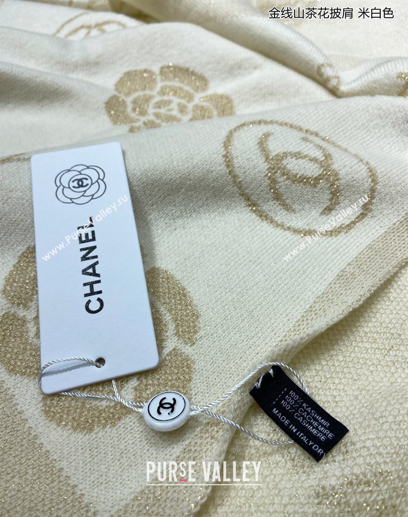 Chanel Cashmere and Gold-Tone Camellia Bloom Long Scarf 62x195cm White 2023 CH122102 (A-231221055)