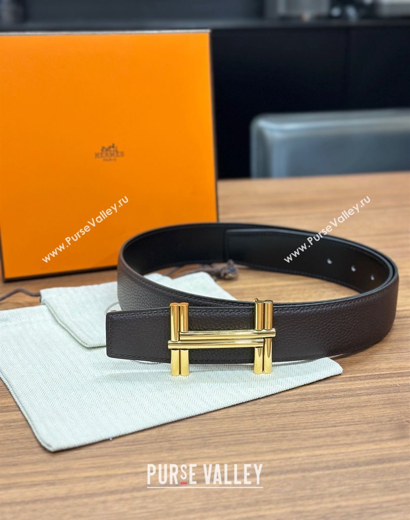 Hermes Traverse Belt Buckle Reversible Leather Strap 3.8cm Chocolate/Black/Gold 2023 H122007 (99-231220057)