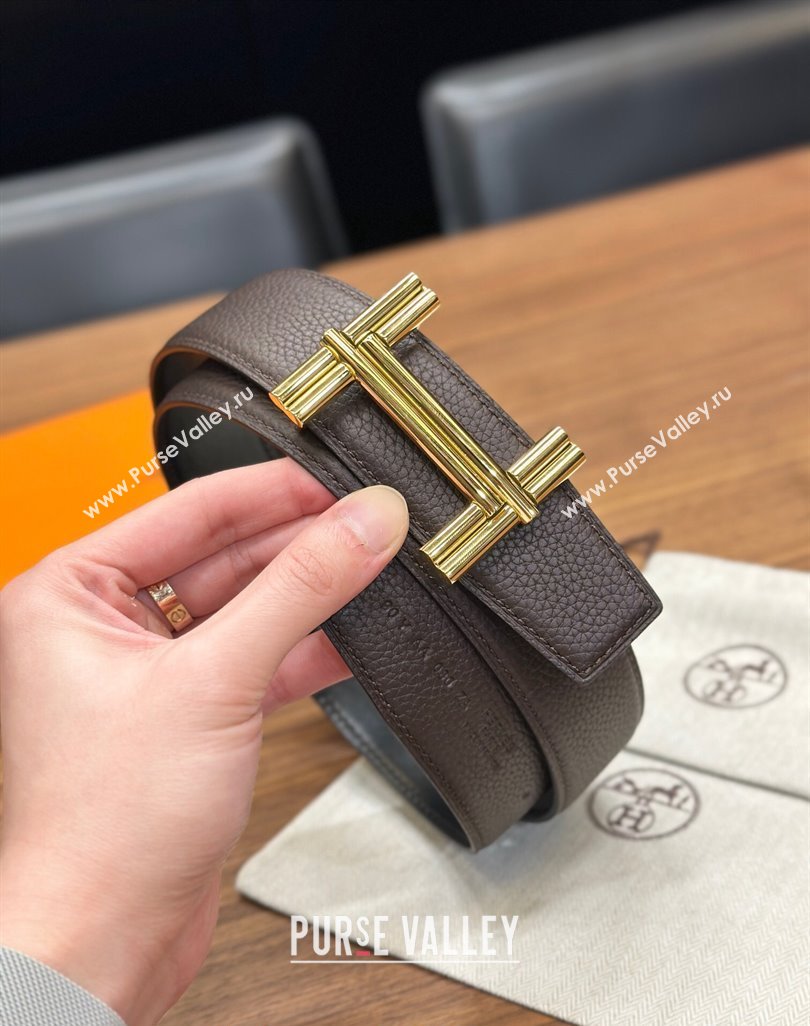 Hermes Traverse Belt Buckle Reversible Leather Strap 3.8cm Chocolate/Black/Gold 2023 H122007 (99-231220057)