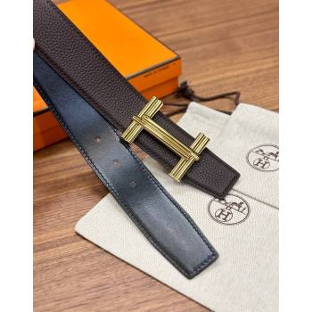 Hermes Traverse Belt Buckle Reversible Leather Strap 3.8cm Chocolate/Black/Gold 2023 H122007 (99-231220057)