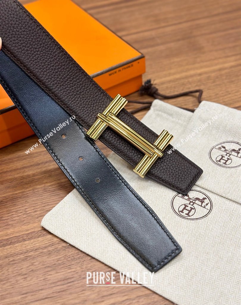 Hermes Traverse Belt Buckle Reversible Leather Strap 3.8cm Chocolate/Black/Gold 2023 H122007 (99-231220057)