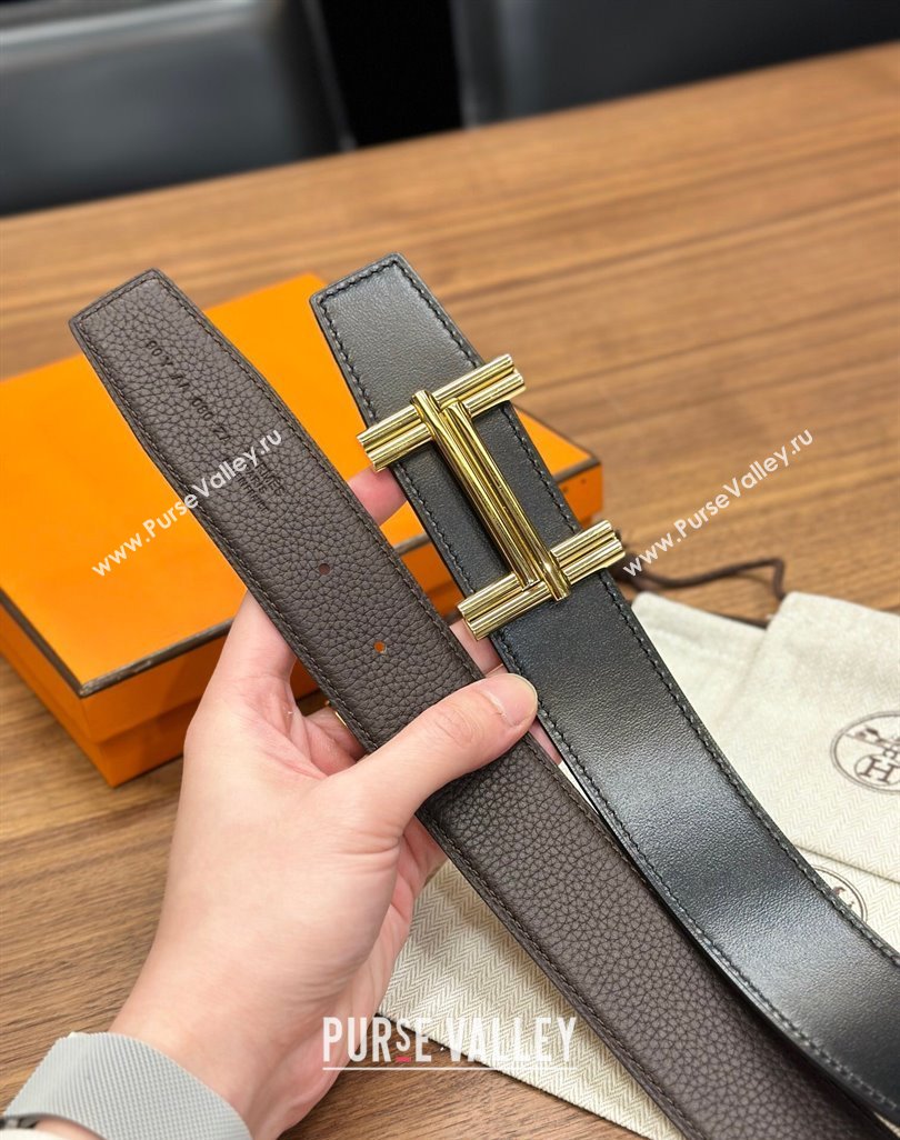 Hermes Traverse Belt Buckle Reversible Leather Strap 3.8cm Chocolate/Black/Gold 2023 H122007 (99-231220057)