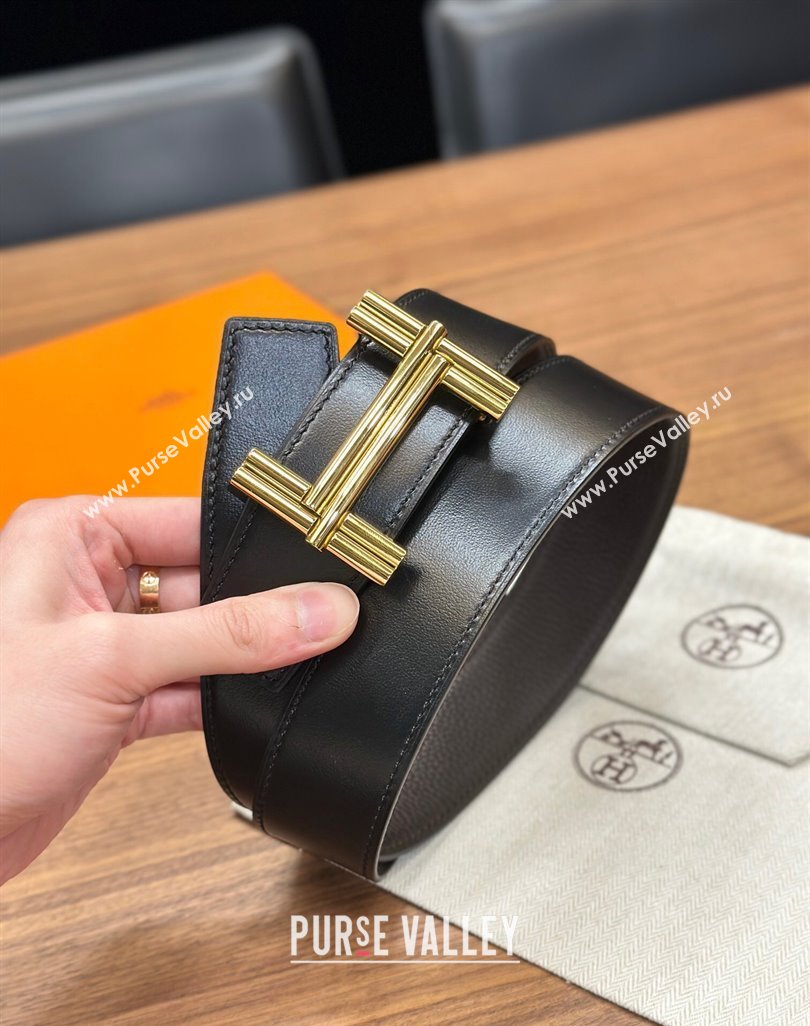 Hermes Traverse Belt Buckle Reversible Leather Strap 3.8cm Chocolate/Black/Gold 2023 H122007 (99-231220057)