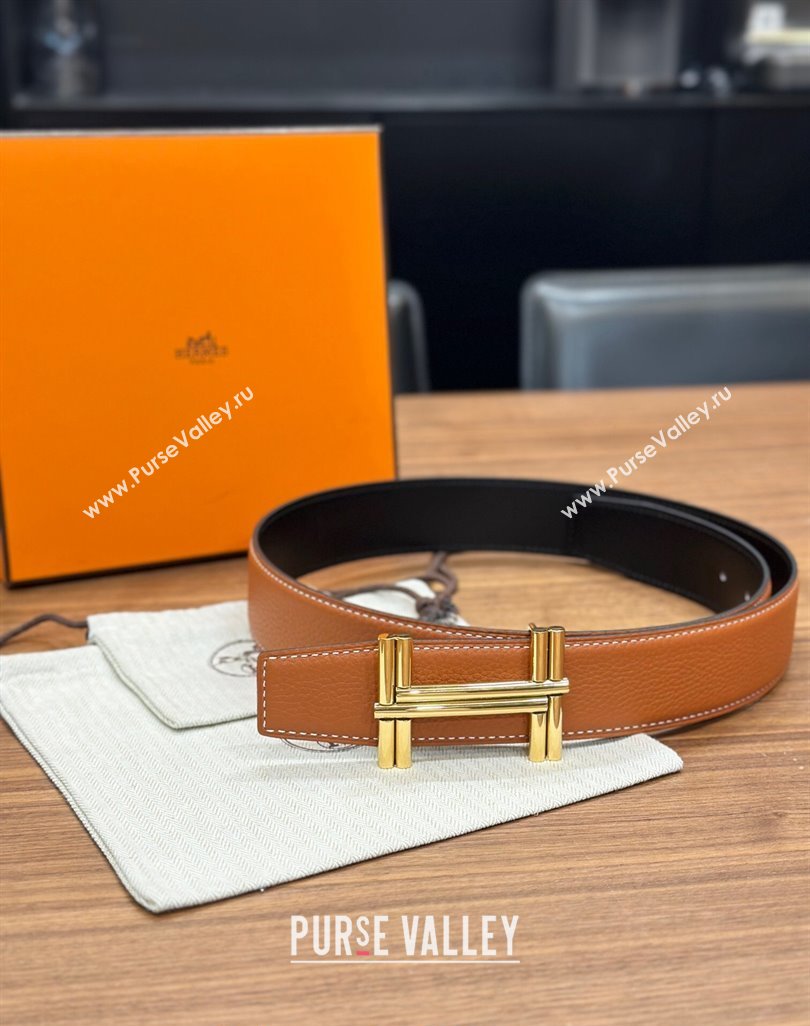 Hermes Traverse Belt Buckle Reversible Leather Strap 3.8cm Brown/Gold 2023 H122007 (99-231220059)