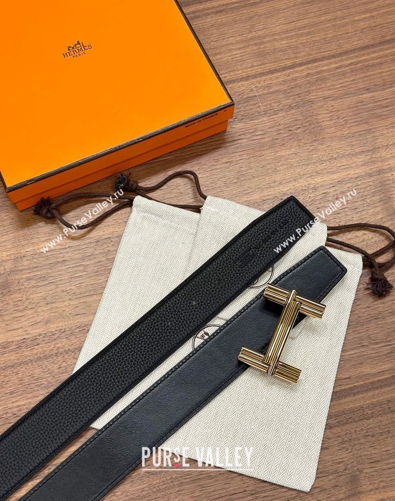 Hermes Traverse Belt Buckle Reversible Leather Strap 3.8cm Black2/Gold 2023 H122007 (99-231220061)