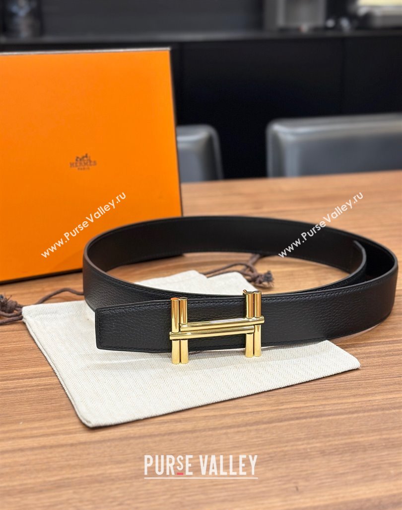 Hermes Traverse Belt Buckle Reversible Leather Strap 3.8cm Black2/Gold 2023 H122007 (99-231220061)