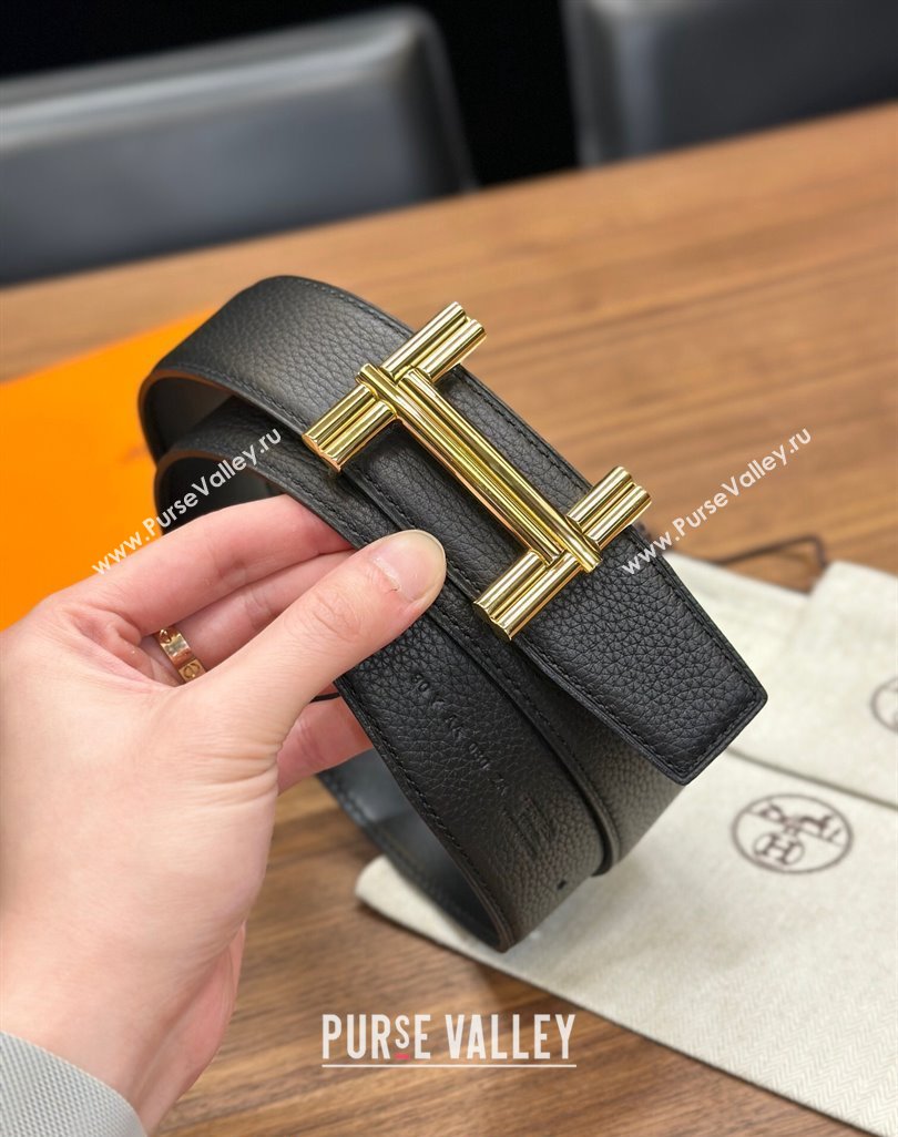 Hermes Traverse Belt Buckle Reversible Leather Strap 3.8cm Black2/Gold 2023 H122007 (99-231220061)