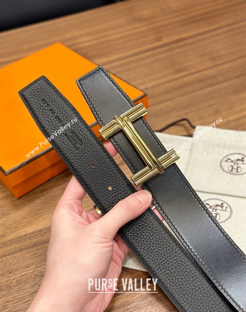 Hermes Traverse Belt Buckle Reversible Leather Strap 3.8cm Black2/Gold 2023 H122007 (99-231220061)