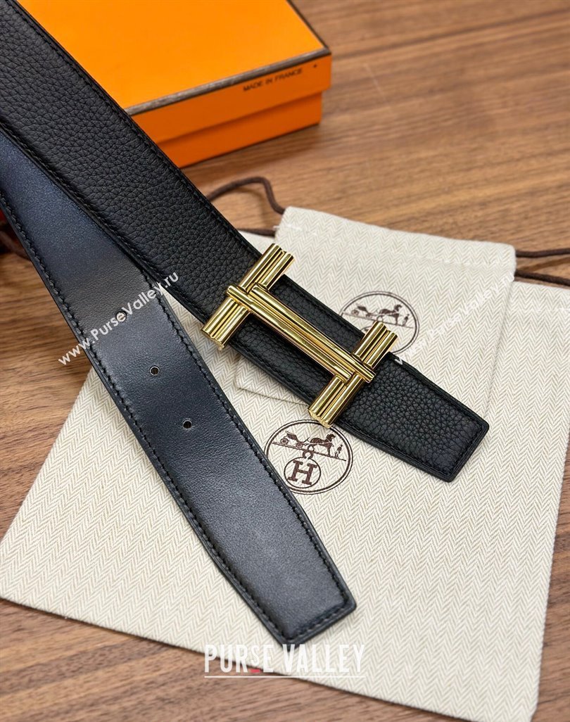 Hermes Traverse Belt Buckle Reversible Leather Strap 3.8cm Black2/Gold 2023 H122007 (99-231220061)