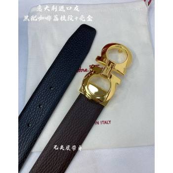 Ferragamo Palm-Grained Calfskin Belt 3.5cm Black/Coffee/Shiny Gold 2023 FG122001 (99-231220138)