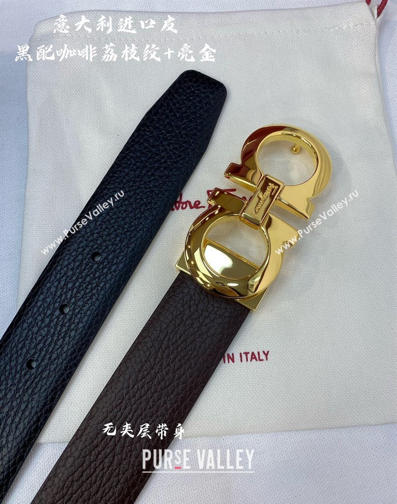 Ferragamo Palm-Grained Calfskin Belt 3.5cm Black/Coffee/Shiny Gold 2023 FG122001 (99-231220138)