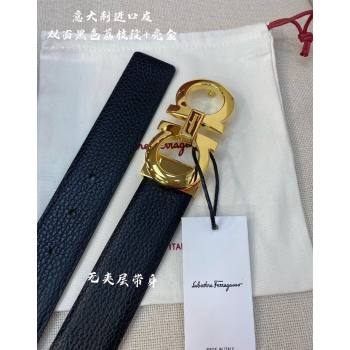 Ferragamo Palm-Grained Calfskin Leather Belt 3.5cm Black/Shiny Gold 2023 FG122001 (99-231220146)