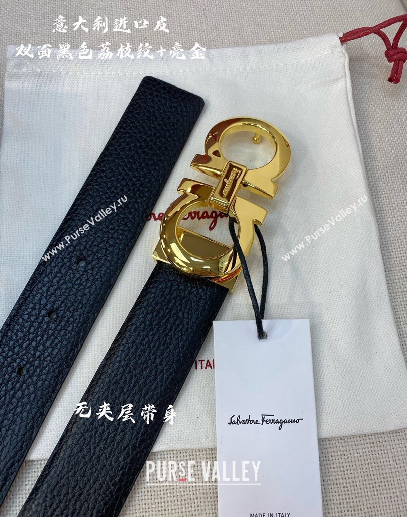 Ferragamo Palm-Grained Calfskin Leather Belt 3.5cm Black/Shiny Gold 2023 FG122001 (99-231220146)