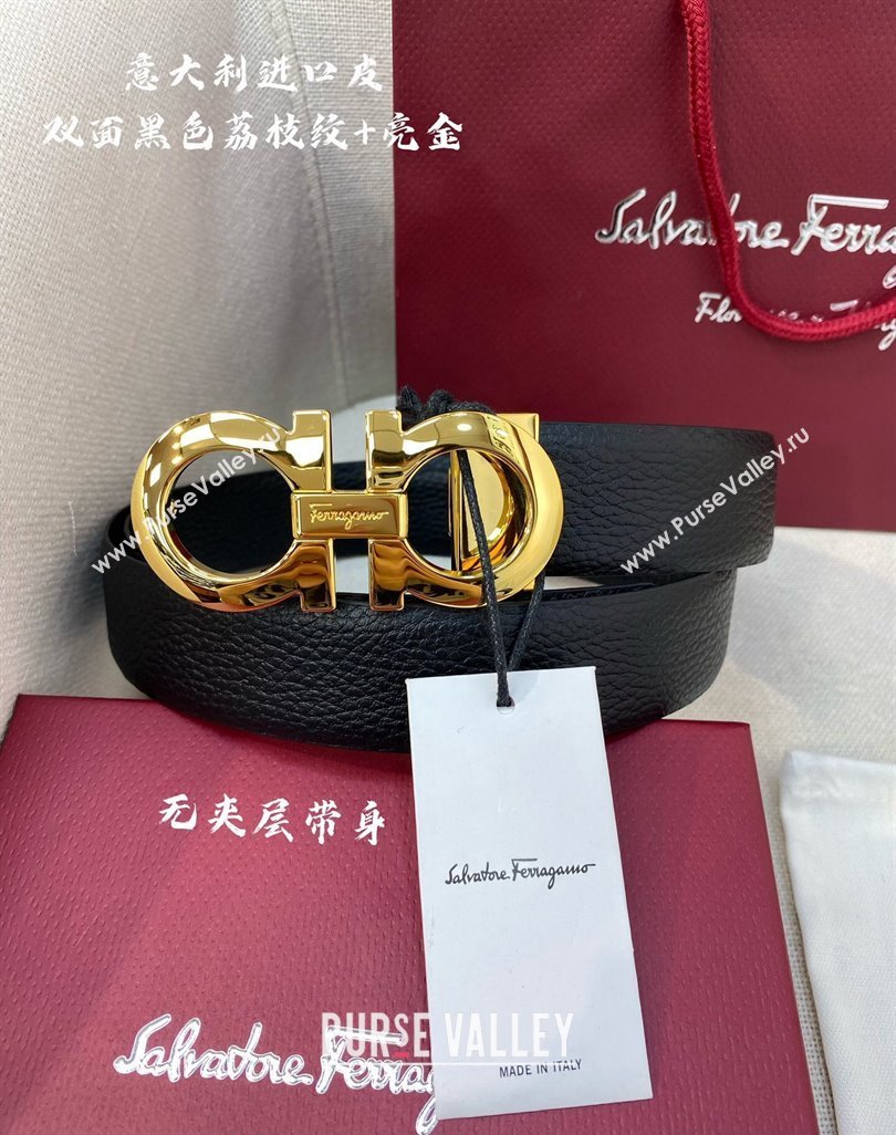 Ferragamo Palm-Grained Calfskin Leather Belt 3.5cm Black/Shiny Gold 2023 FG122001 (99-231220146)