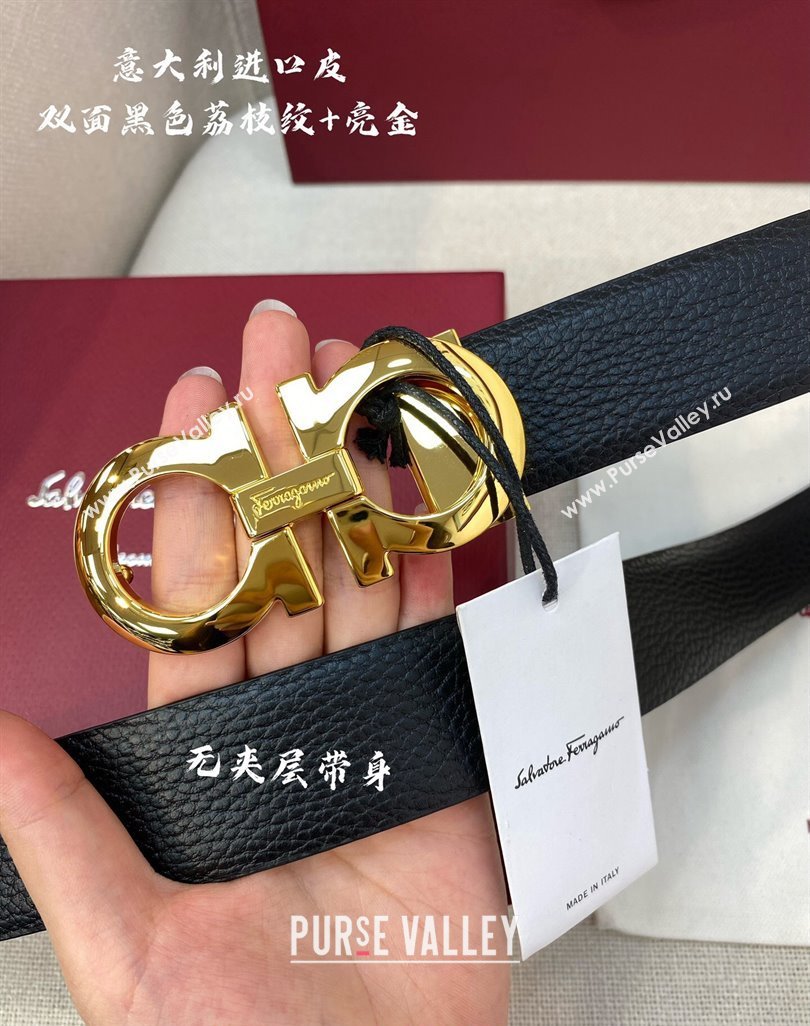 Ferragamo Palm-Grained Calfskin Leather Belt 3.5cm Black/Shiny Gold 2023 FG122001 (99-231220146)